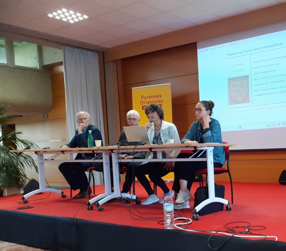 Sur l'estrade de la salle Canigou les intervenants. Michelle Martre au micro, à sa droite le Docteur Capdeville
