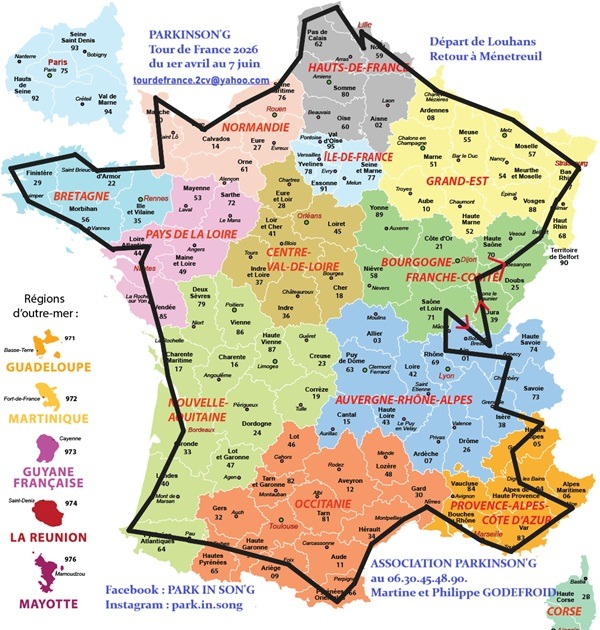 Circuit du Tour de France en 2 CV, 52 villes, 52000 km, pour sensibiliser à la maladie de Parkinson